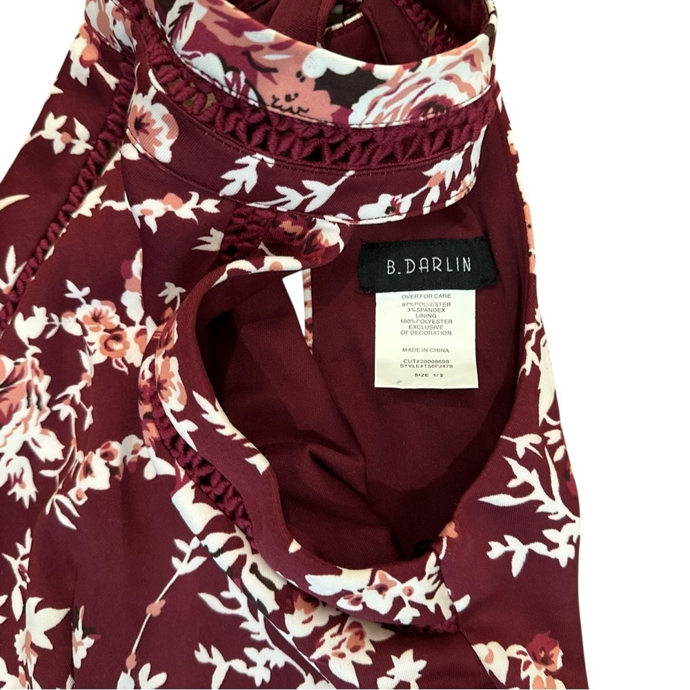 Women's XS (1/2) Burgundy Floral Fit & Flare Halter Knee Length Sleeveless Dress - Picture 6 of 7